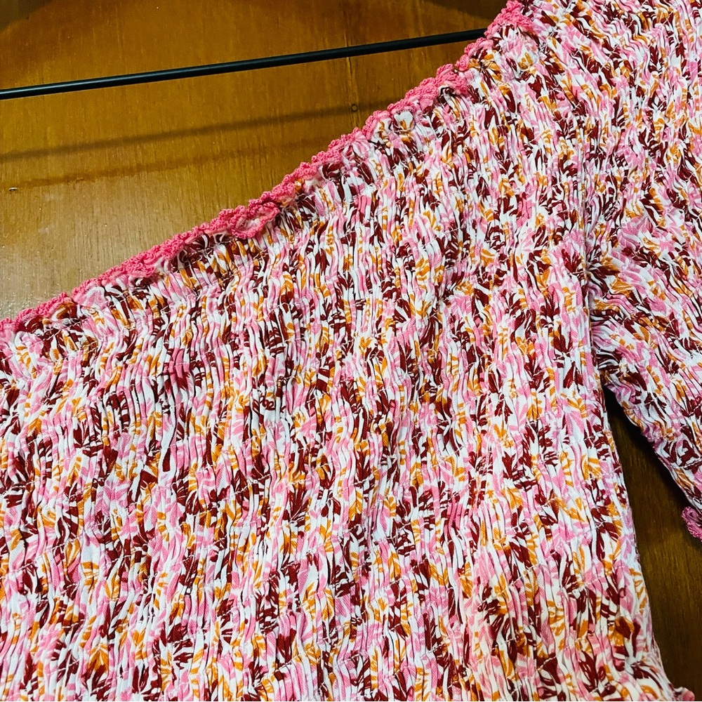 Poupette St Barth Soledad Smocked Midi Dress Pink Damask Floral Off Shoulder - Picture 7 of 16